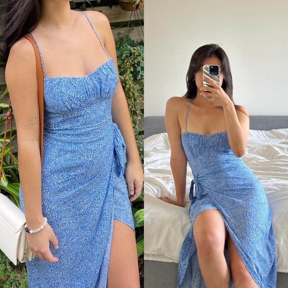 Zara Blue Floral Faux Wrap Maxi Sun Dress Sz XL Ruched Bust Spaghetti Strap Slit